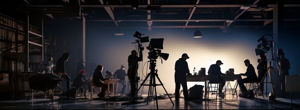 Film crew working in a professional production studio